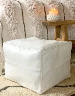 Rustic White & Wood Moroccan Decor Moroccan Pouf Ottoman - Square White