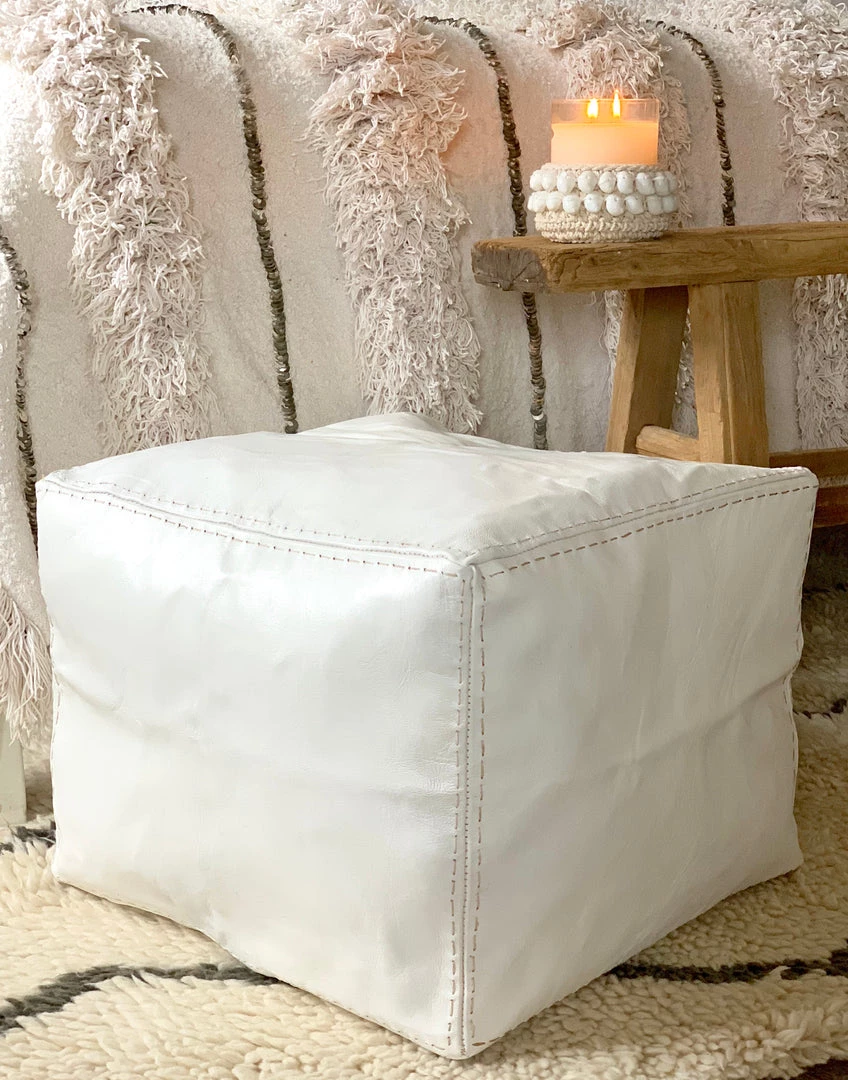 Rustic White & Wood Moroccan Decor Moroccan Pouf Ottoman - Square White 4 Rustic White & Wood Moroccan Decor Moroccan Pouf Ottoman - Square White