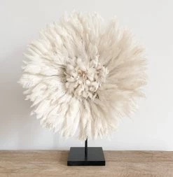 Rustic White & Wood Mini Bamileke Feather Juju Hat With Stand