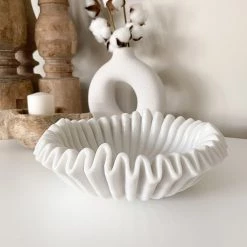 Rustic White & Wood Marble Fluted Bowl - Wavy Ripple - Hand Carved Accessories