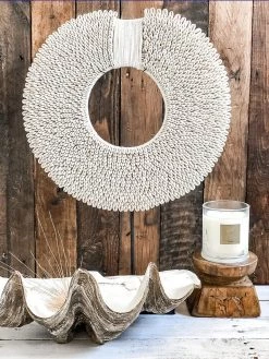 Rustic White & Wood Tribal Cowrie Shell Collar With Stand Coastal Decor