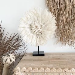 Rustic White & Wood Mini Bamileke Feather Juju Hat With Stand