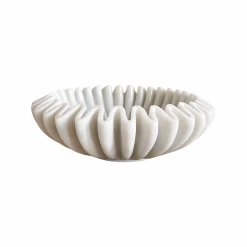 Rustic White & Wood Marble Fluted Bowl - Ripple - Hand Carved