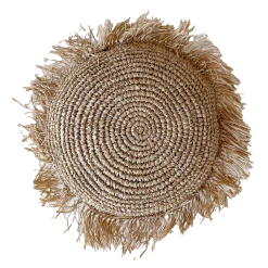 Rustic White & Wood Raffia Fringed Cushion Cover - Round