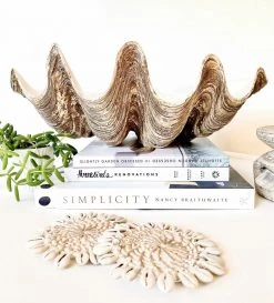 Rustic White & Wood Columbus Clam - Vintage - Polyresin Coastal Decor