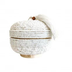 Rustic White & Wood Accessories Melati Beaded Bamboo Trinket Box - Round
