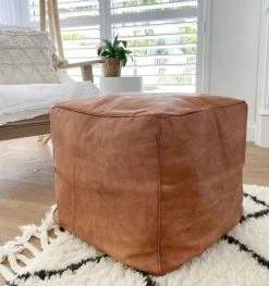 Rustic White & Wood Moroccan Pouf Ottoman - Square Honeycomb Moroccan Decor