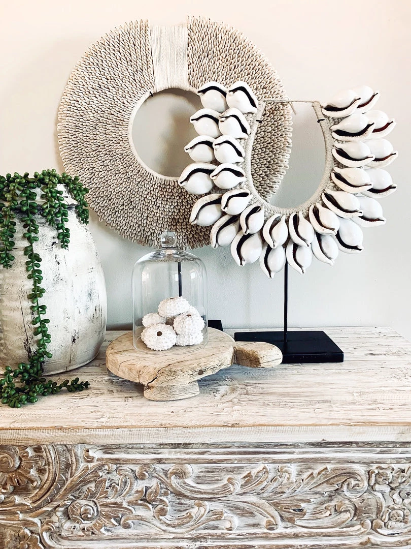 Rustic White & Wood Coastal Decor Cowrie Tribal Shell Collar - 2 Tiers 5 Rustic White & Wood Coastal Decor Cowrie Tribal Shell Collar - 2 Tiers